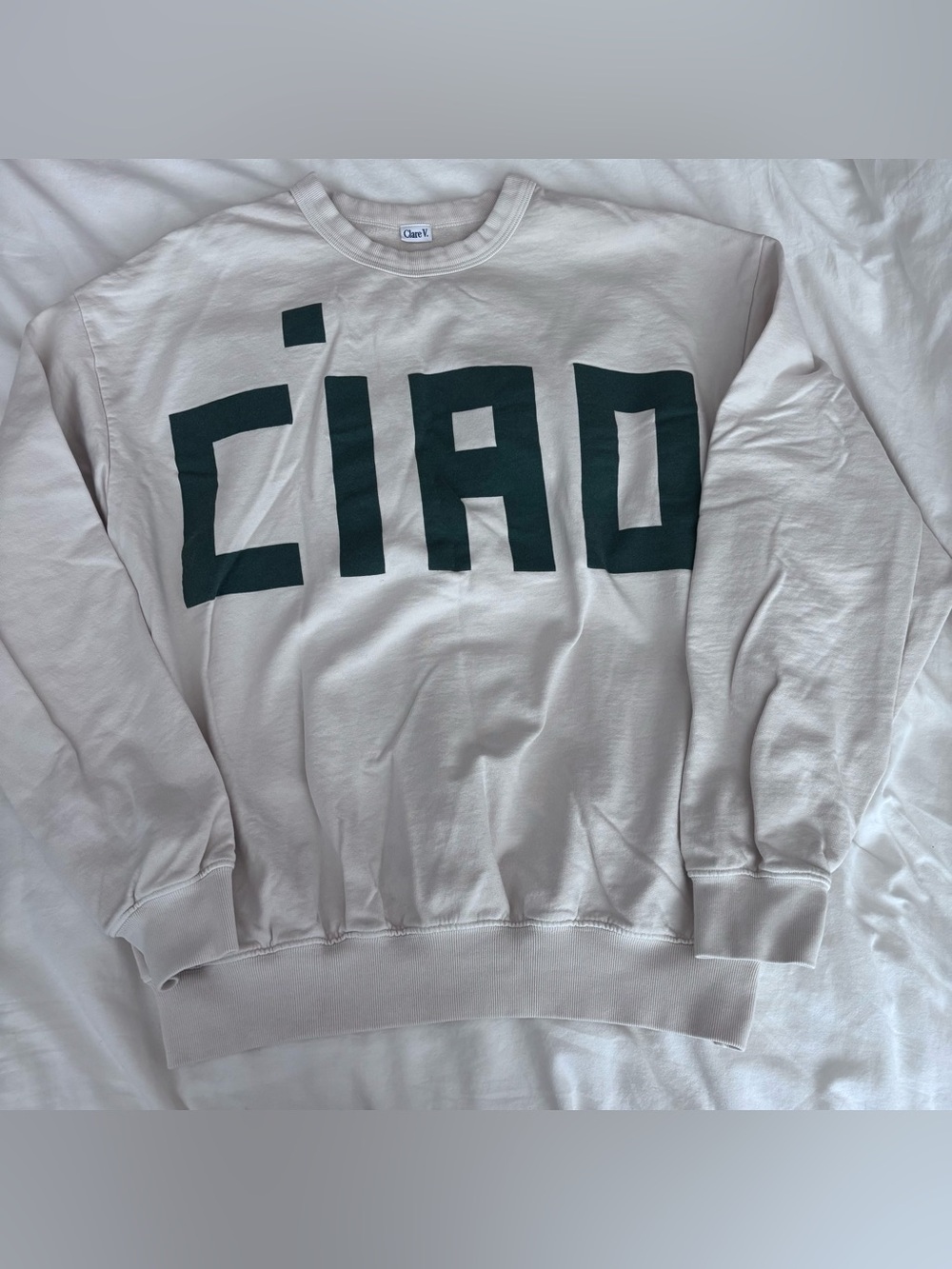 Clare V Ciao Graphic Crewneck Sweatshirt - Light Beige with Dark Green Print S